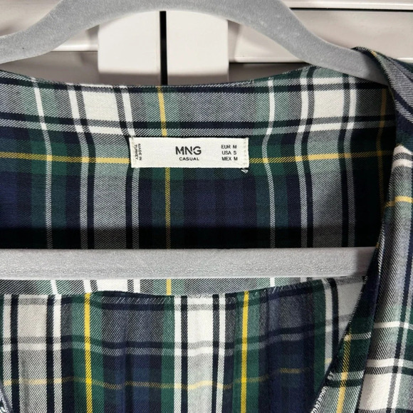 Mango Plaid Button Up Shirt Milkmaid Dress Green Blue Casual Size Small - Picture 3 of 8
